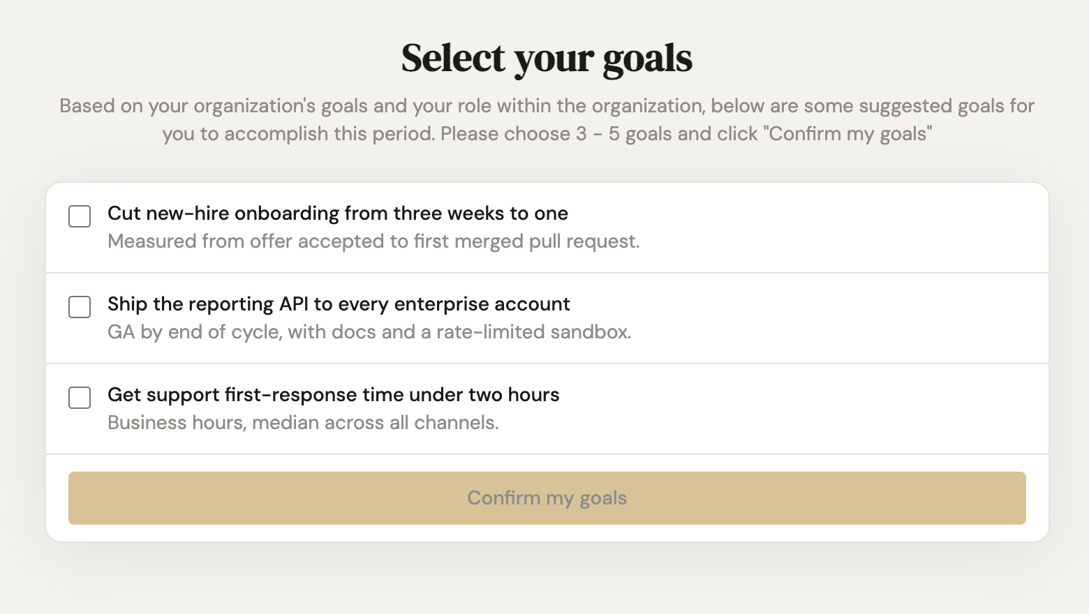 AI-suggested SMART goals based on company objectives and the employee's role